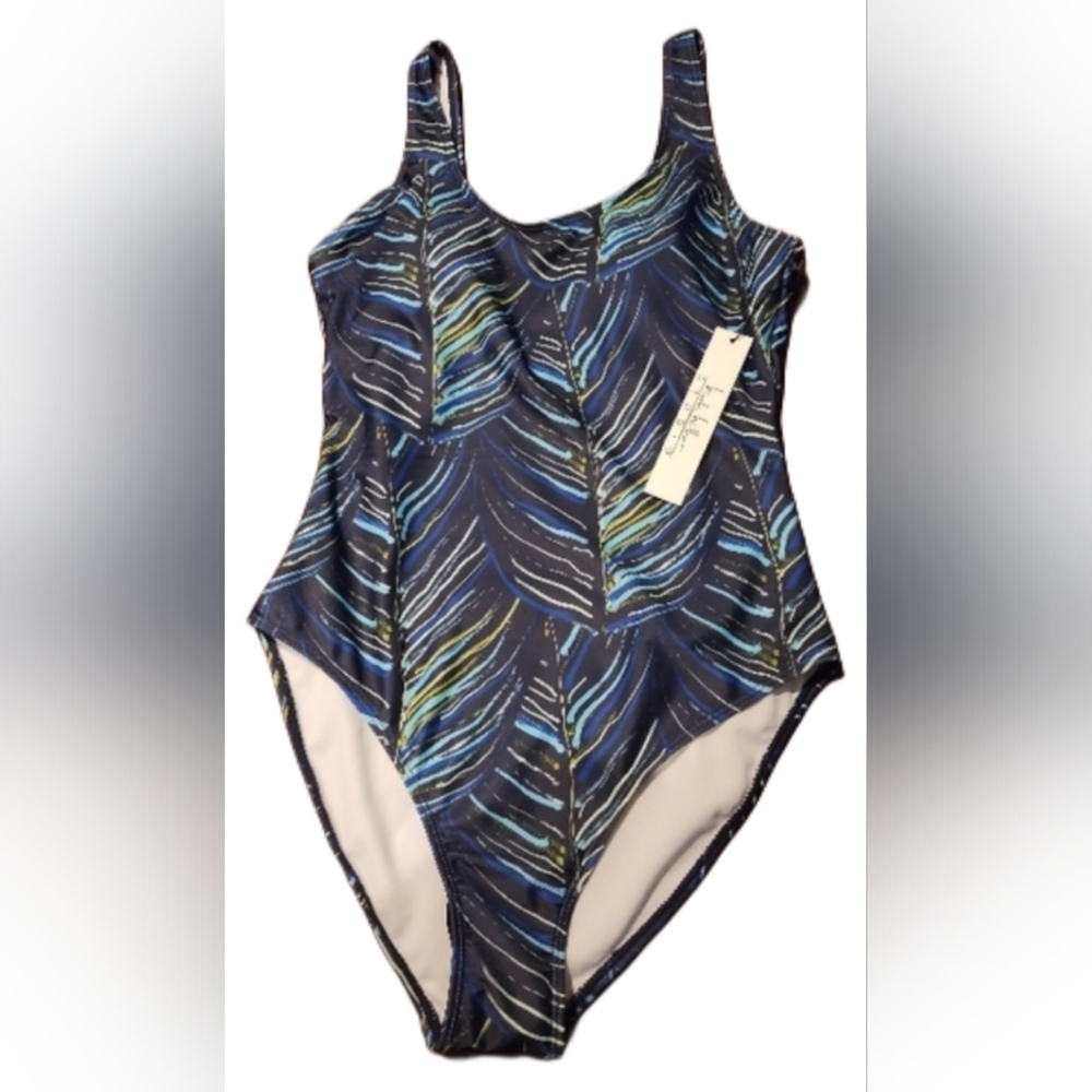 NWT Nicole Miller Midnight Leaf Print 1 Pc Scoop Back Swimsuit Sz M